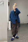 AVIVA JIFEI XUE Indigo Stripe Linen Short Kimono Jacket A21-KJS Reversible Indigo Stripe Linen Short Kimono Jacket